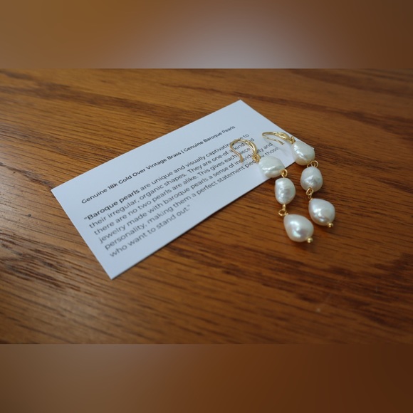 Genuine 18K Gold over vintage Brass | Natural Baroque Pearls Earrings - Picture 2 of 4